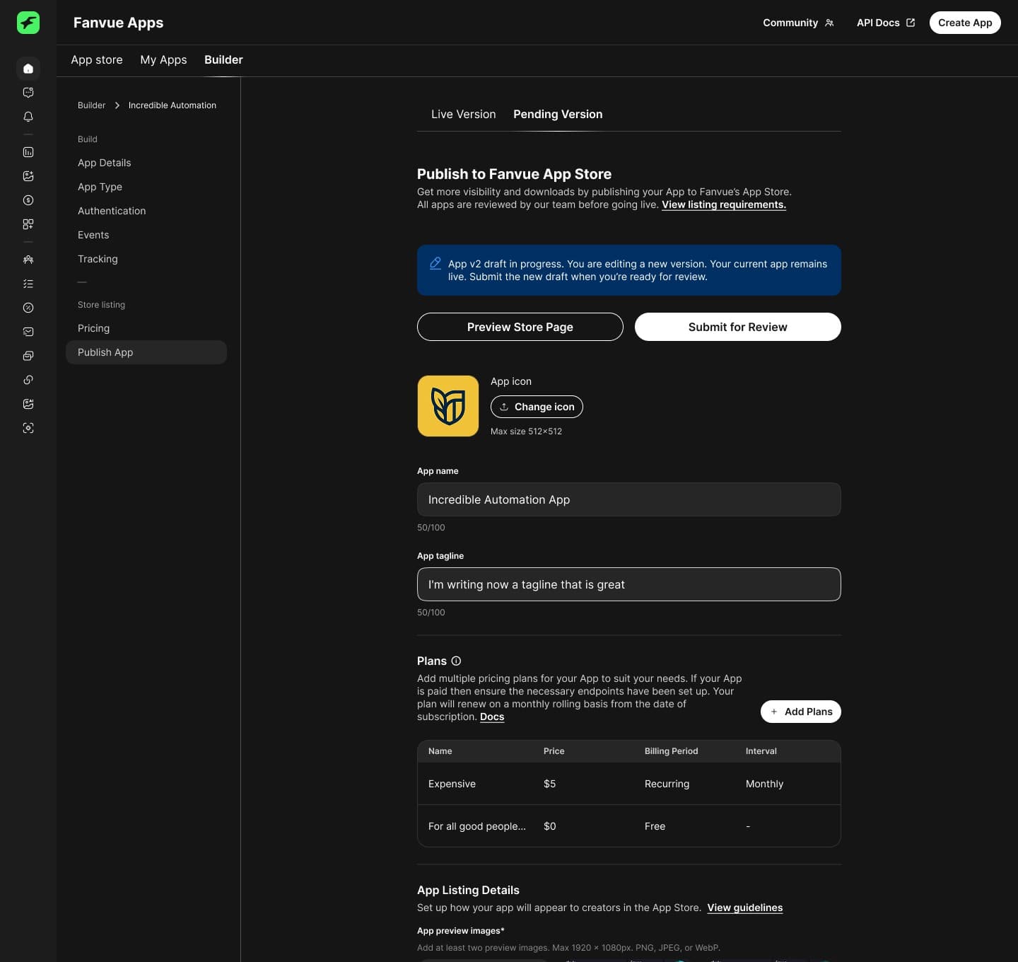 Live vs Pending tabs: your current app stays live while you draft the next version